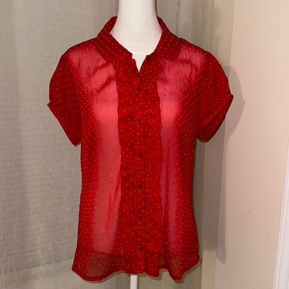 Guess L Red Textured Polka Dot Romantic Sheer Short Sleeve Collared Blouse - Picture 1 of 16